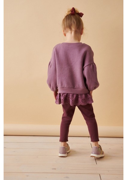 Pamuklu Mor Sweatshirt Dantel Detaylı Uzun Kollu Alt Üst Takım modelleri
