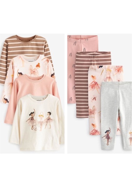 Pamuklu Krem Balerin Desenli Uzun Kollu Taytlı 4’lü Alt Üst Takım