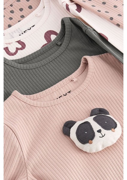 Pamuklu Krem Kahve Panda Çiçek Desenli Uzun Kollu Taytlı Takım