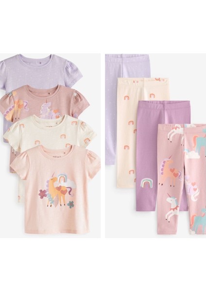 Pamuklu Pembe Unicorn Desenli 4’lü Taytlı Alt Üst Takım
