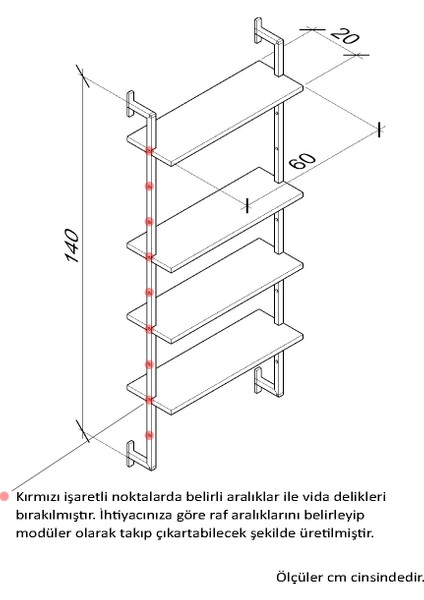 Modüler Model 4 Raflı Duvara Monte Kitaplık Duvar Rafı Aksesuar Rafı