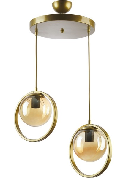 Nina Modern Metal Gold Renk Halkalı Kapalı Bal Camlı Sarkıt Salon - Mutfak - Yatak Odası 2 Li Avize