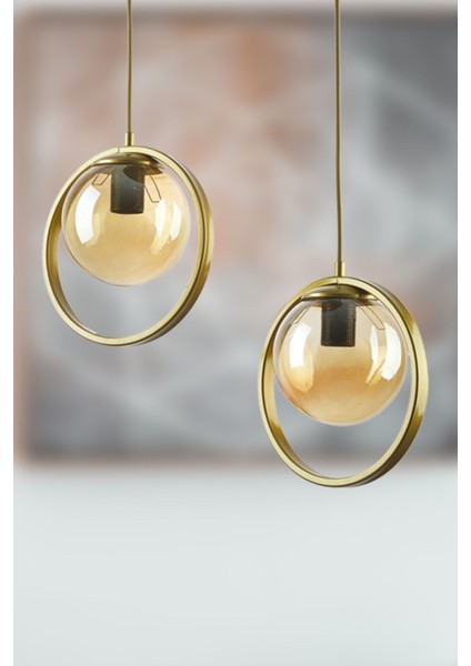Nina Modern Metal Gold Renk Halkalı Kapalı Bal Camlı Sarkıt Salon - Mutfak - Yatak Odası 2 Li Avize fiyatları
