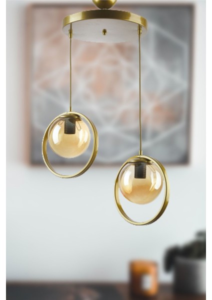 Nina Modern Metal Gold Renk Halkalı Kapalı Bal Camlı Sarkıt Salon - Mutfak - Yatak Odası 2 Li Avize modelleri