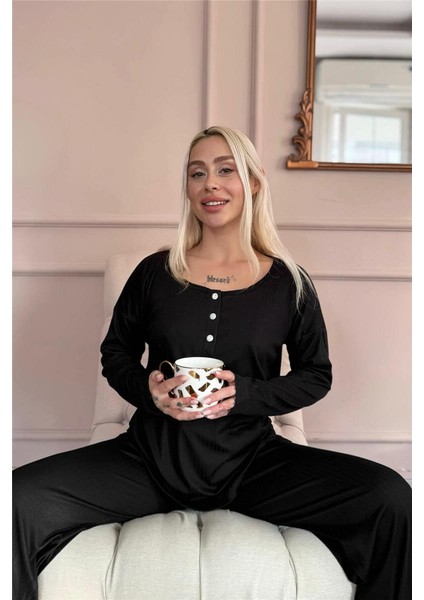 Siyah Dublin Uzun Kollu Patlı Kadın Pijama Takımı