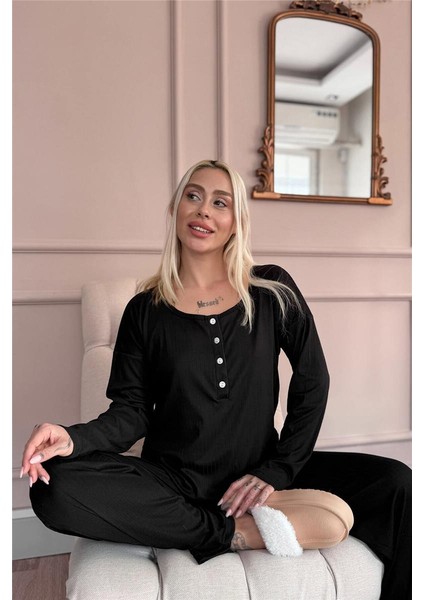 Siyah Dublin Uzun Kollu Patlı Kadın Pijama Takımı