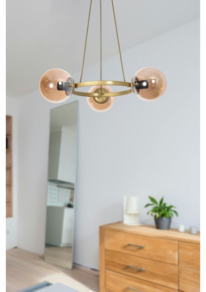 Owen Modern Tasarım Mutfak Yatak Odası Salon Oturma Odası Eskitme Renk Bal Camlı 3 Lü Avize