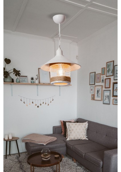 Şapkalı Modern Halatlı Beyaz Tekli Sarkıt-Salon-Mutfak-Balkon-Çocuk Odası-Oturma Odası-Giriş-Antre