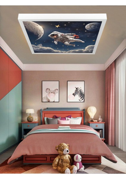 Uzay, Astronot, Yıldız Avize, 60WATT, Beyaz Işık, 60 x 60 Modern Kare LED Avize, Çocuk Odası Uzay