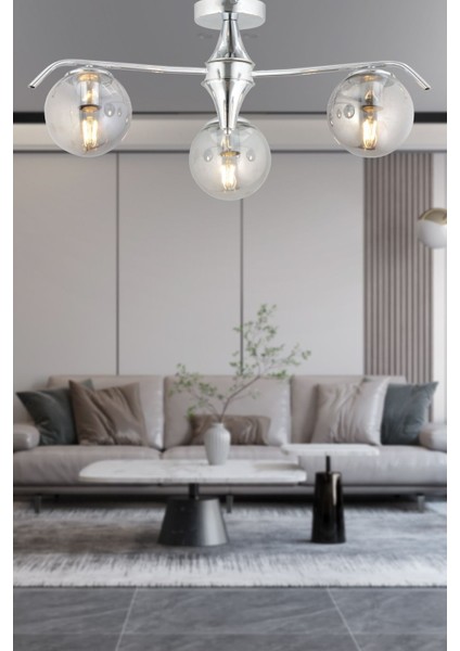 Diaspor 3li Yuvarlak Krom Füme Camlı Modern Sarkıt Genç Odası Yatak Odası Retro Salon Avize