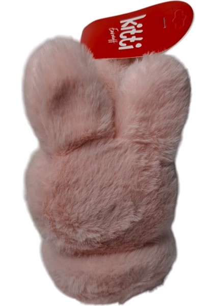 Kız Çocuk Somon Renk Tavşan Figürlü Ponponlu Kışlık Peluş Kulaklık