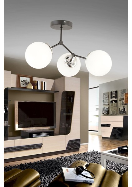 Helen 3 Lü Modern (Beyaz Camlı) Salon Yatak Odası Mutfak Avize