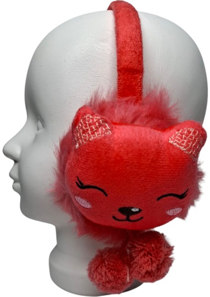 Kız Çocuk Kırmızı Renk Kedi Figürlü Ponponlu Kışlık Peluş Kulaklık fırsatları