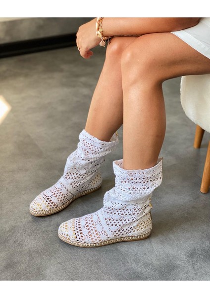 9100 Bereket Kundura Beyaz Renk Bayan Dantel Çizme Modern Espadril