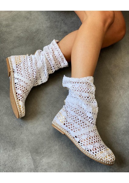 9100 Bereket Kundura Beyaz Renk Bayan Dantel Çizme Modern Espadril