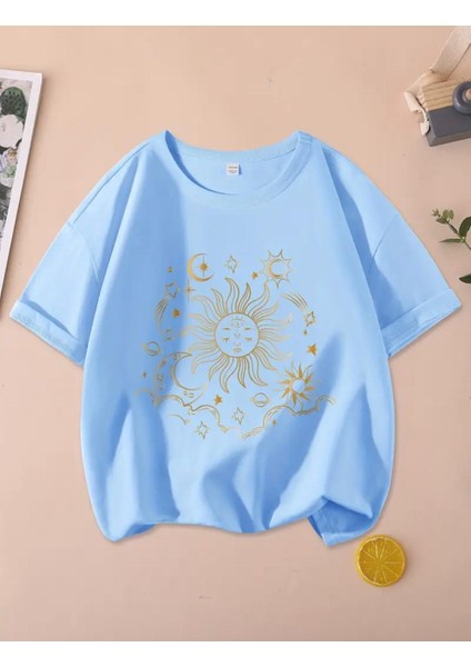 Punıx Kıds Özel Üretim Günes Gezegenleri Baskılı Yeni Stil Kız Çocuk Ter Tutmayan Yazlık T-Shırt