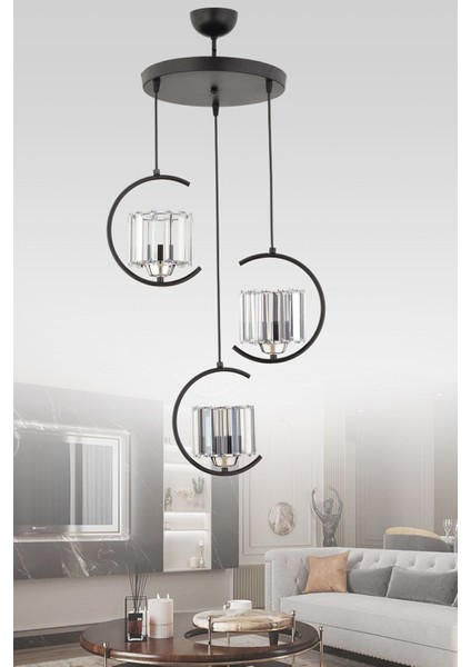 Eftal 3 Lü Modern (Siyah Krom) Kristal Taşlı Salon Yatak Odası Mutfak Genç Odası Avize