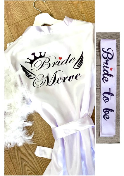 ( Isminizi Yazıyoruz) Gelin Sabahlığı Bride Sabahlık Kollar Tüylü ve Bride To Be Kuşak