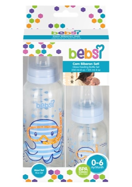 Cam Biberon Seti Mavi (250ML+125ML) (6 Lı Set)
