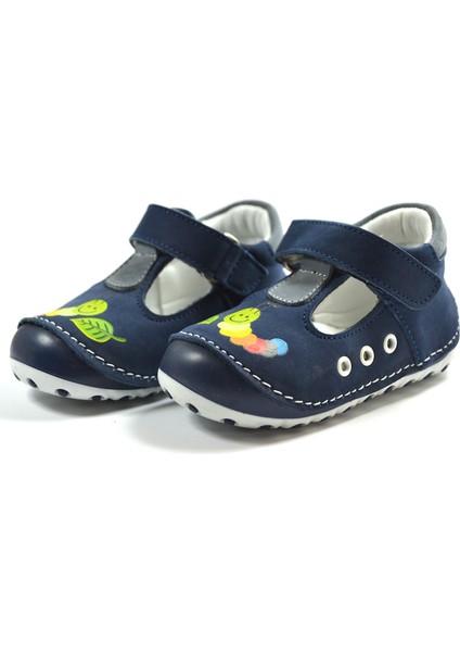 N.826 Hakiki Deri Mavi Ortopedik Cırtlı Erkek Bebek Ilkadım Ayakkabı