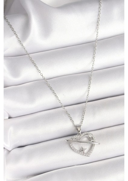 316L Çelik Gümüş Renk Zincir Zirkon Taşlı Kalp Model Yıldız Detay Kadın Kolye fiyatları