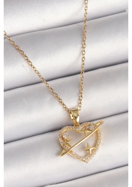 316L Çelik Gold Renk Zincir Zirkon Taşlı Kalp Model Yıldız Detay Kadın Kolye