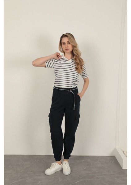 Gabardin Kumaş Kemerli Kargo Kadın Pantolon-Lacivert fiyatları