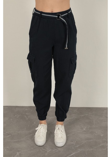 Gabardin Kumaş Kemerli Kargo Kadın Pantolon-Lacivert modelleri