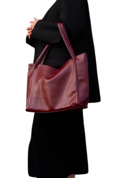 Kadın Bordo Çift Saplı Fermuarlı Shopper Çanta