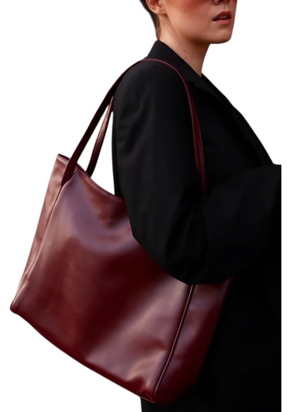 Kadın Bordo Çift Saplı Fermuarlı Shopper Çanta