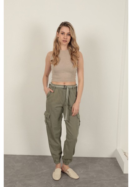 Gabardin Kumaş Kemerli Kargo Kadın Pantolon-Haki