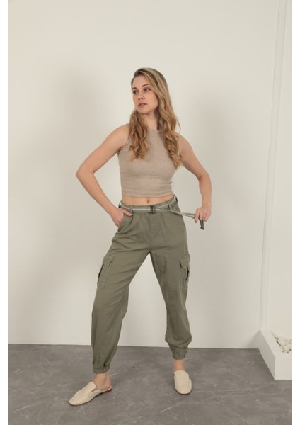Gabardin Kumaş Kemerli Kargo Kadın Pantolon-Haki fiyatları