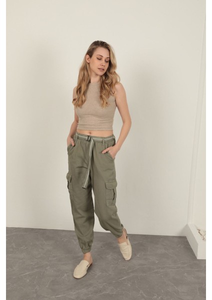 Gabardin Kumaş Kemerli Kargo Kadın Pantolon-Haki modelleri