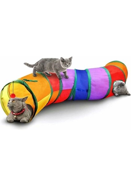 Gökkuşağı Desenli S Model Kedi Oyun Tüneli, Katlanabilir 125 cm