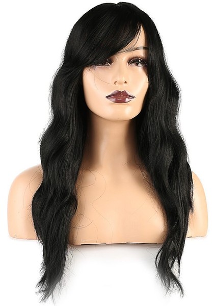 Dalgalı Perçemli Fiber Sentetik Orta Boy Peruk / Siyah