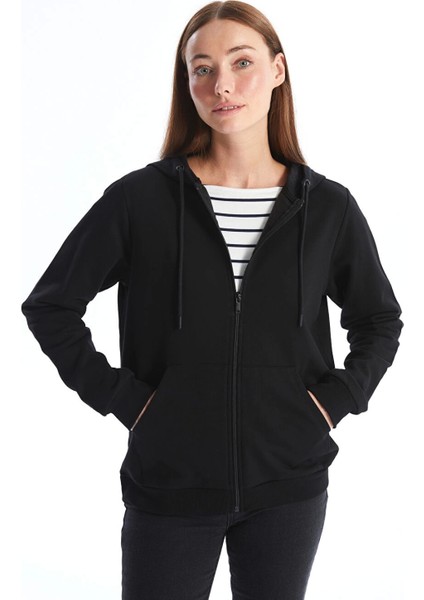 Lcwaıkıkı Basic Siyah Kapüşonlu Düz Uzun Kollu Kadın Fermuarlı Sweatshirt
