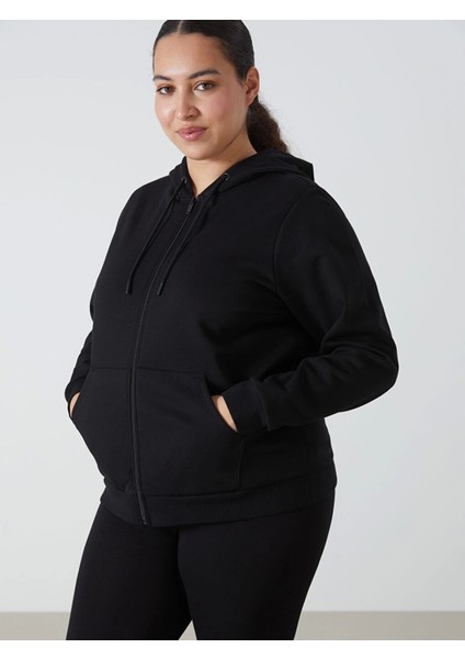 Lcwaıkıkı Basic Siyah Kapüşonlu Düz Uzun Kollu Kadın Fermuarlı Sweatshirt
