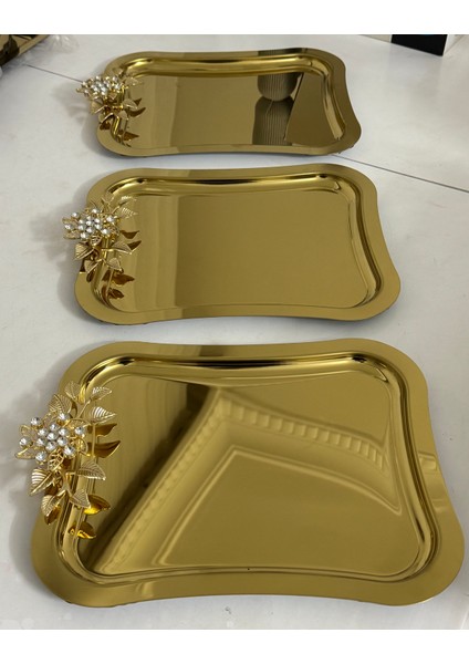 Gold Büyük Italyan Model 3 Adet Papatya Taşlı Sunum Tepsisi