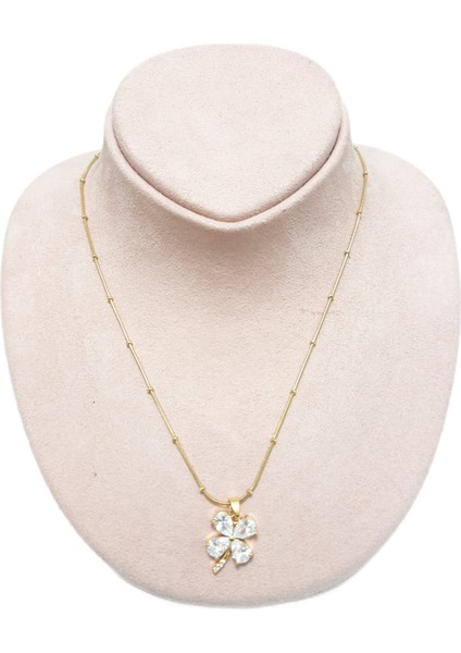 Çelik Kolye Saplı Yonca Figürlü Zirkon Taşlı Parıltılı Dorika Zincir Model 40 cm Altın Sarısı (Gold)
