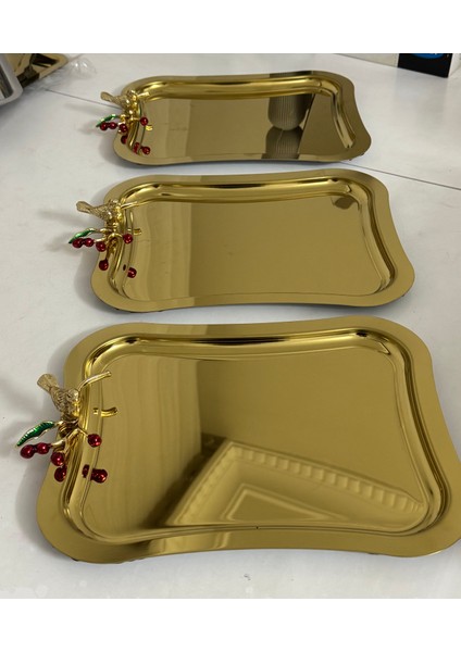 Gold Büyük Italyan Model 3 Adet Kuş Aksesuarlı Sunum Tepsisi