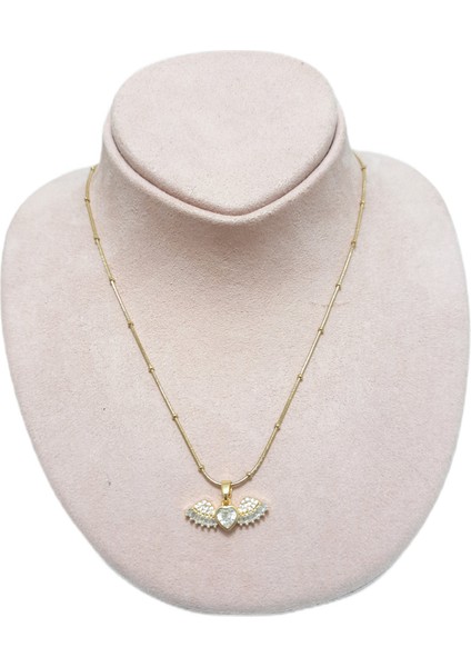 Çelik Kolye Melek Kanatlı Kalp Model Zirkon Taşlı Dorika Zincir 40 cm Altın Sarısı (Gold)