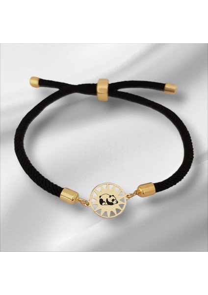 14 Ayar Plakalı Altın Güneş Desenli Panda Sembollü Bileklik, Siyah Örgü Det Ayıyla Gençlere ve Ergenlere Sevimli ve Dikkat Çekici Bir Hediye!