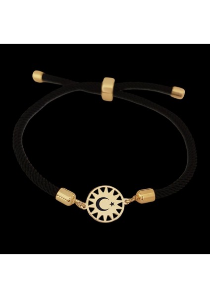 14 Ayar Plakalı Altın Güneş Desenli Türkiye Ay Yıldız Sembollü Bileklik, Siyah Örgü Det Ayıyla Gençlere ve Ergenlere Gururlu ve Milli Bir Hediye!