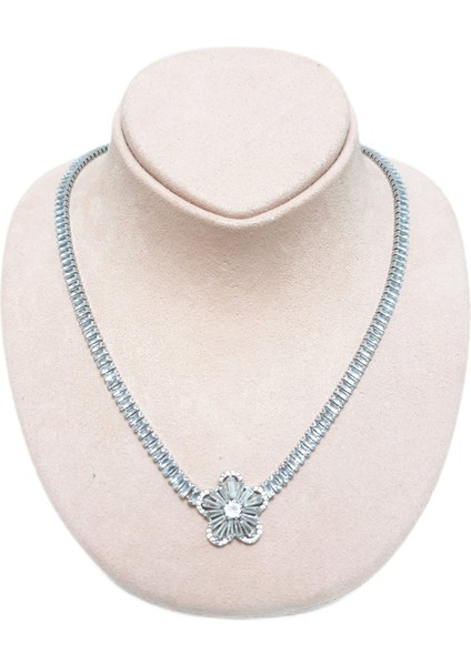 Çelik Kolye Zirkon Taşlı Çiçek Figürlü Su Yolu 0.2 mm 0.4 mm Taşlı Zincir 45 cm Gümüş (Silver)