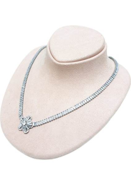 Çelik Kolye Zirkon Taşlı Çiçek Figürlü Su Yolu 0.2 mm 0.4 mm Taşlı Zincir 45 cm Gümüş (Silver)