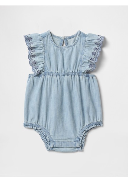 Bebek Mavi Fırfırlı Denim Tulum