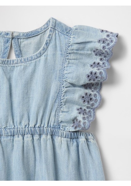 Bebek Mavi Fırfırlı Denim Tulum