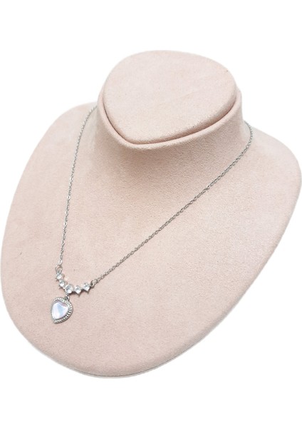 Çelik Kolye 5 Kristal Taşlı Kalp Figürlü Zirkon Taşlı 0.1 mm 45 cm Zincir Ayarlanabilir Gümüş