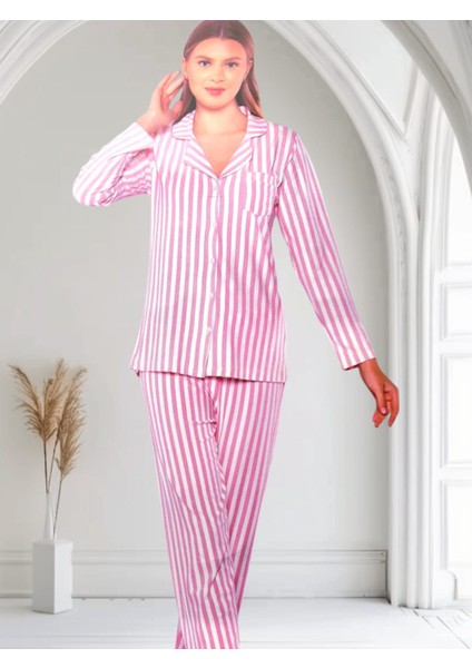 Önden Düğmeli Uzun Kol Kadın Pijama Takımı Pembe Çizgili