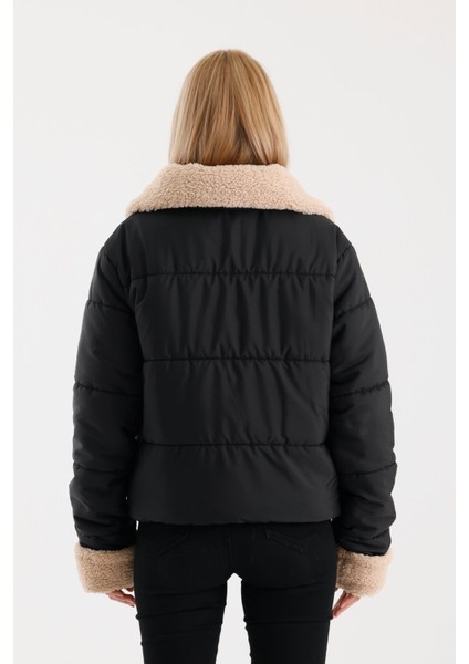 Kadın Siyah Oversize Şişme Mont – Kalın Dokuma Kumaşlı, Uzun Kollu, Günlük ve Kışlık Rahat Tasarım